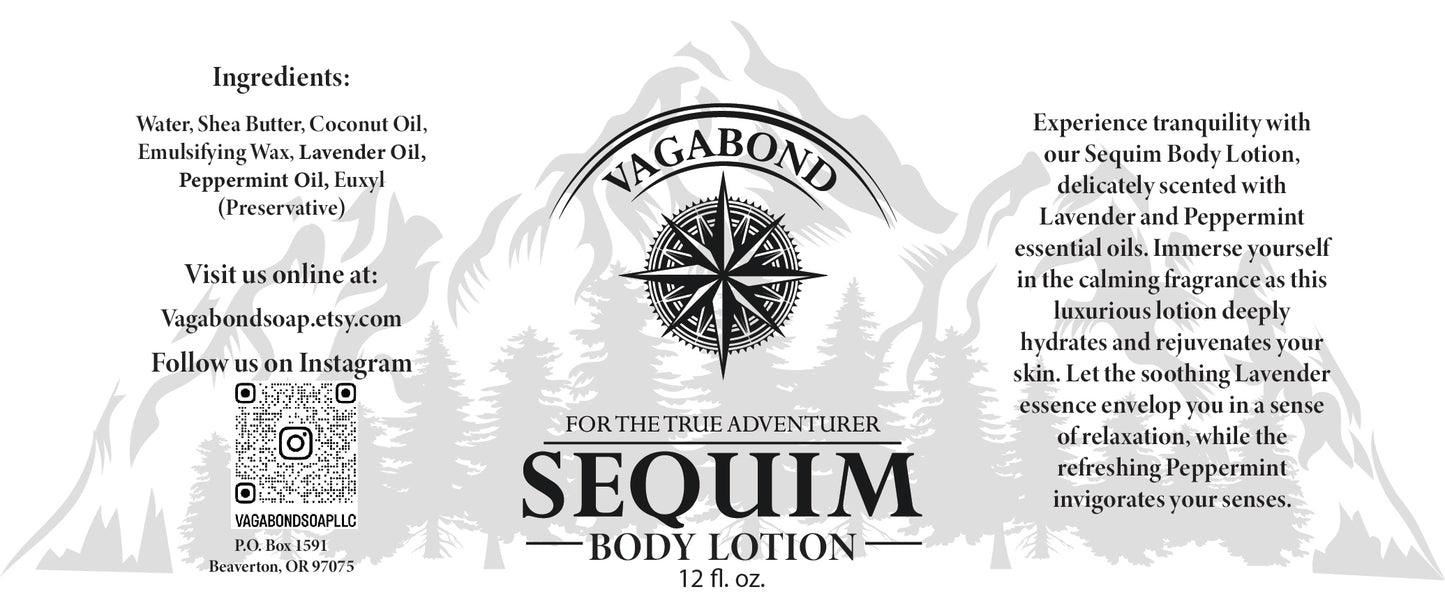 Digital version of label for Sequim natural lotion lavender mint scent