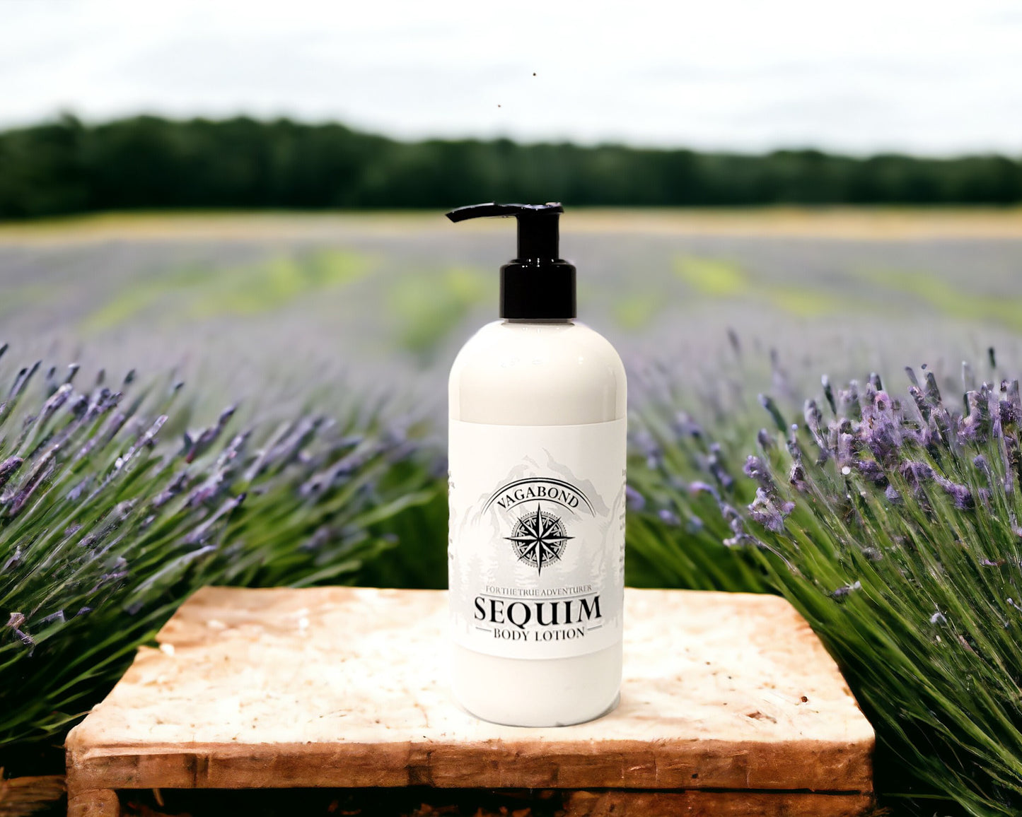 Sequim natural lotion lavender mint scent displayed against a lavender field backdrop.