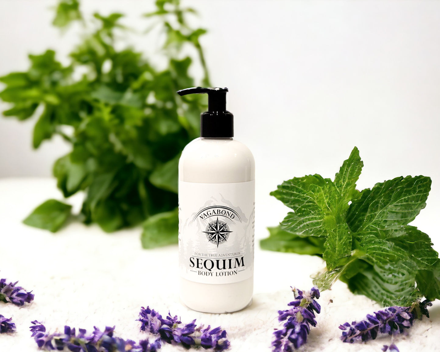 Sequim natural lotion lavender mint scent displayed against a lavender plants backdrop.